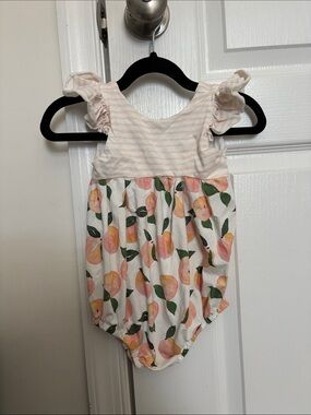 Peach Print Ruffle Shoulder Baby One-Piece - Pink/Green